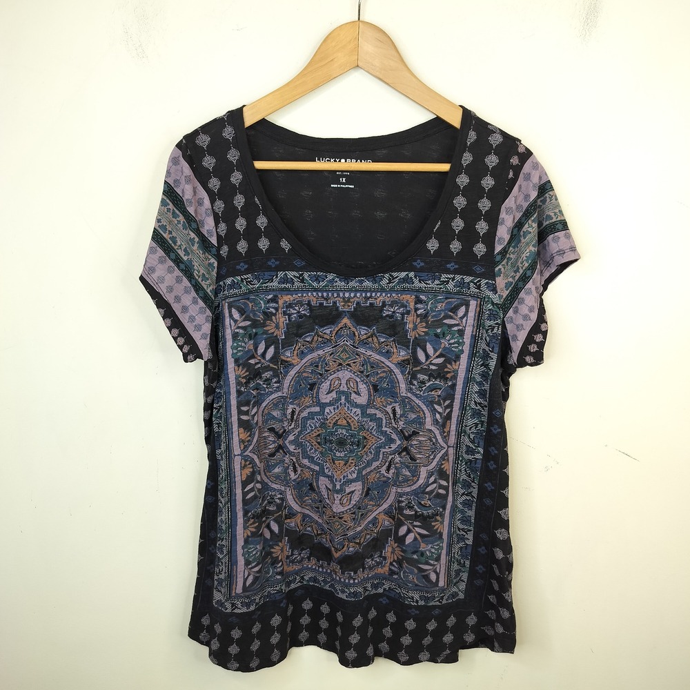 Lucky Brand Tee Shirt 1X Short Sleeve Boho Floral Mandala Black